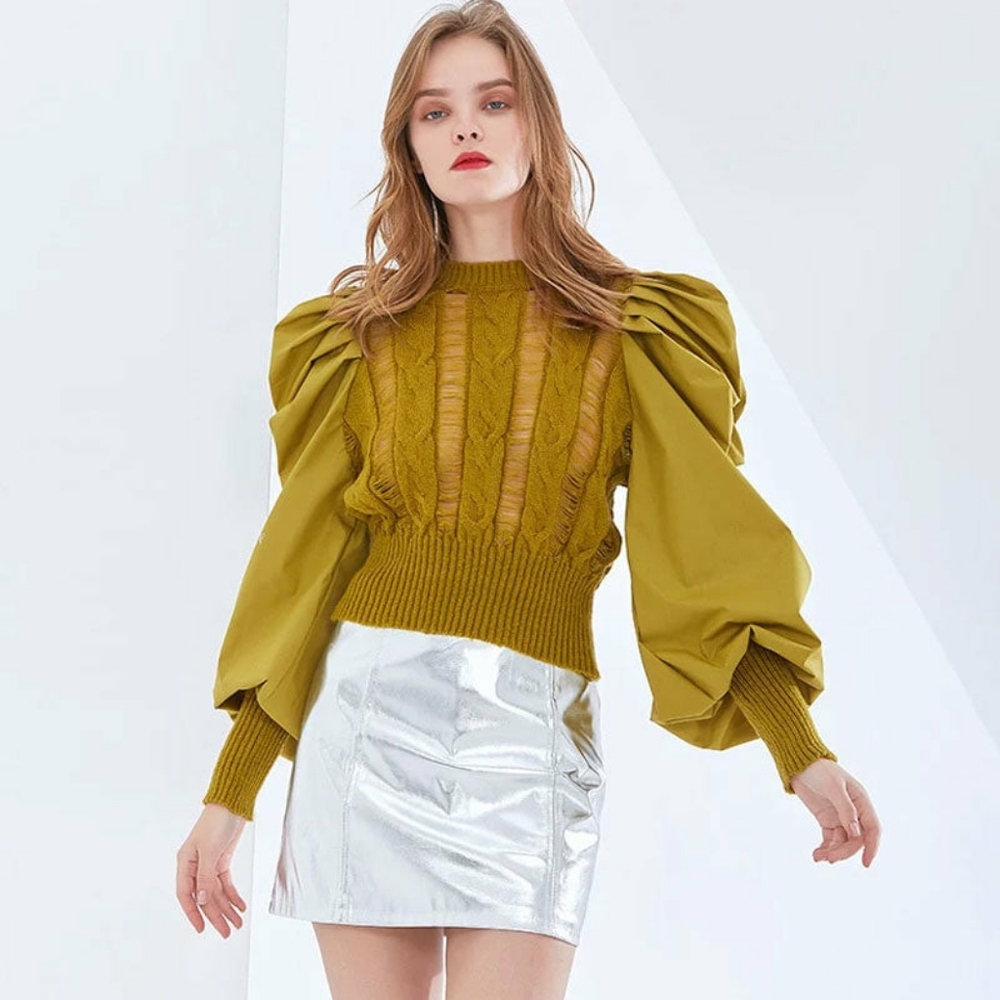 Kate Hewko Distressed Puff Sleeve Knit Sweater Green